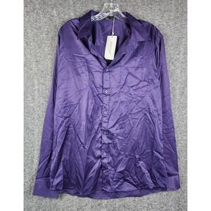 ZEROYAA Button Down Shirt Women L Purple Satin‎ Finish Long Sleeve Dress Top